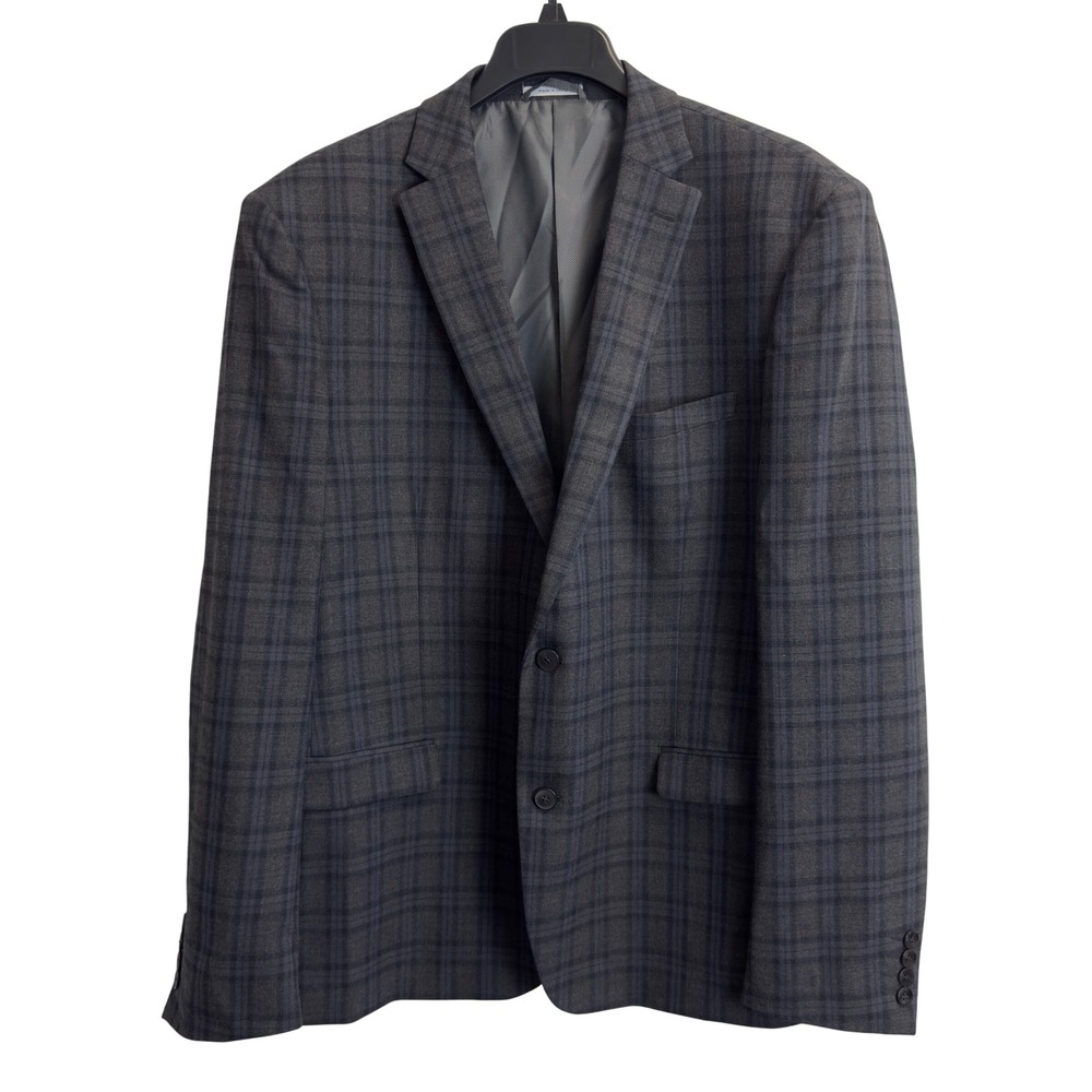 Bar III Slim Fit Blazer Mens 46R Charcoal Grey Blue Plaid Two Button Sport Coat